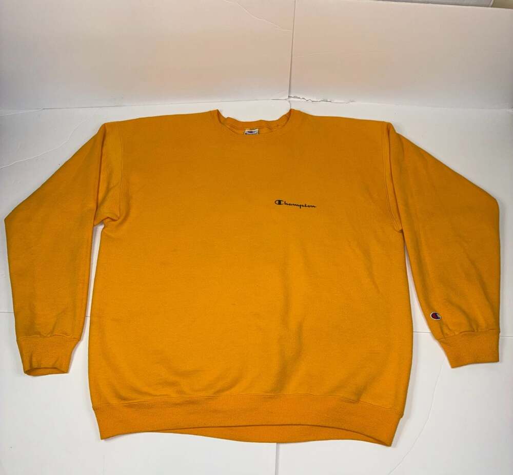Vintage Champion Men Classic Logo Crewneck Sweatshirt Gold Yellow L
